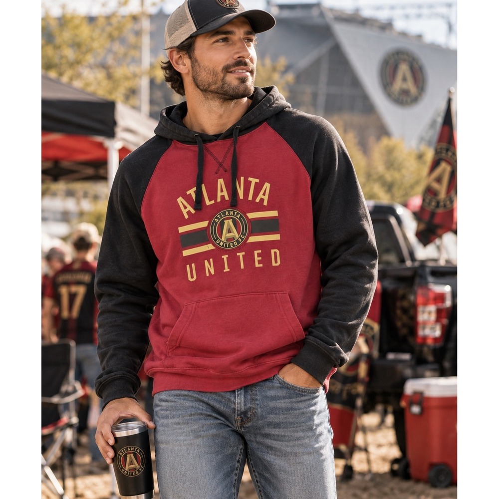 Atlanta United FC MLS Hoodie Men's Large Red Black Raglan Soccer Pullover
